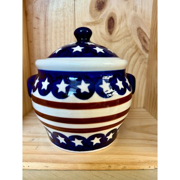 EUC Boleslawiec Polish Pottery Stars & Stripes Red Wht Blu Covered Sugar Bowl 5" - Picture 1 of 7